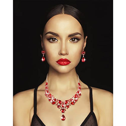 Hicarer Bridal Teardrop Cluster Crystal Jewelry Set for Women Necklace Earrings Wedding - color: Red