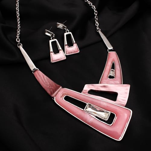 SFE Irregular Enamel Triangle Shape shell Collar Bib Bohemian Boho Statement Necklace Earrings Fashion Costume Jewelry Set for Women - color: Light Pink-Platinum Plated
