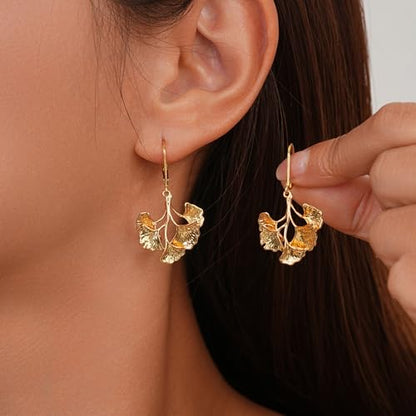 Sylph Large Gold Earrings for Women, Chunky Gold Statement Drop Dangle Earring Maple Leave Ginko Leaf Jewelry Gifts - style: Middle Ginko Leaf Earrings
