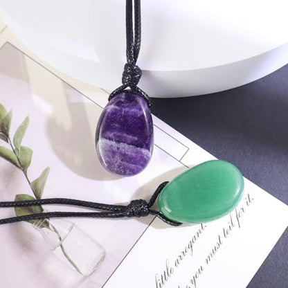 Natural Gemstone Pendant Necklace Healing Crystal Stone Choker Necklace Adjustable Waxed Black Rope for Men - color: 2pcs(Amethyst+Green Aventurine)