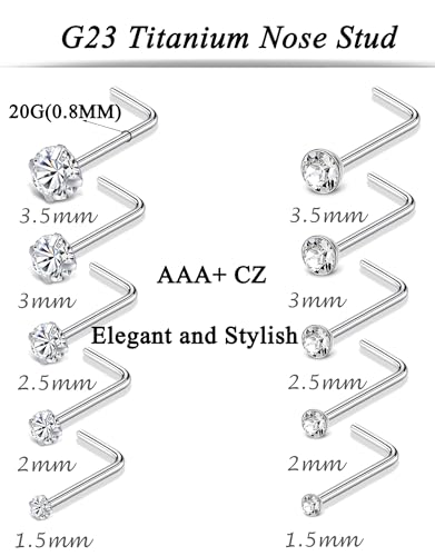 20G 10Pcs Stainless Steel L Screw Bone Shaped Nose Studs Rings Square Round CZ Nose Ring Labret Nose Piercing Jewelry for Men Women Silver Tone 1.5mm-2mm-2.5mm-3mm-3.5mm CZ - style: A1:10Pcs,L Shaped(G23 Titanium)