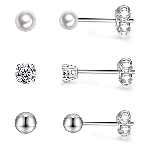 EPIRORA Sterling Silver Stud Earrings for Women- 3 Pairs Tiny Ball Stud Earrings Round CZ Cubic Zirconia Earrings Pearl Earrings Set Cartilage Small Tragus Earrings(2mm,3mm,4mm) - style: 3mm(Pearl earrings,Ball earrings,CZ earrings)