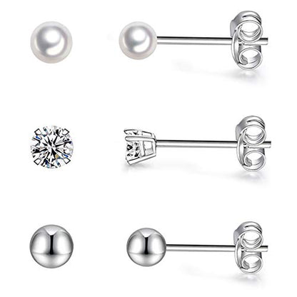 EPIRORA Sterling Silver Stud Earrings for Women- 3 Pairs Tiny Ball Stud Earrings Round CZ Cubic Zirconia Earrings Pearl Earrings Set Cartilage Small Tragus Earrings(2mm,3mm,4mm) - style: 3mm(Pearl earrings,Ball earrings,CZ earrings)