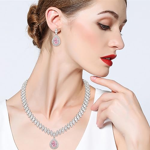 EVER FAITH CZ Marquise Leaf Teardrop Wedding Prom Jewelry Set for Women | Birthstone Pendant Necklace Dangle Earrings - color: Pink