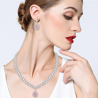 EVER FAITH CZ Marquise Leaf Teardrop Wedding Prom Jewelry Set for Women | Birthstone Pendant Necklace Dangle Earrings - color: Pink