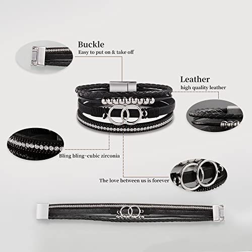 Bracelets for Women, Gifts for Mom Her Christmas Gift 2026 Leather Bracelets for Women Birthday Gift for Daughter Inspirational Wrap Bracelet Sister Friend Teen Girl Gift Layered Stocking Stuffers Jewelry - style: Black