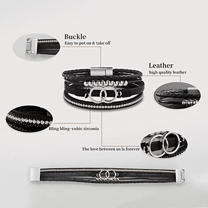 Bracelets for Women, Gifts for Mom Her Christmas Gift 2026 Leather Bracelets for Women Birthday Gift for Daughter Inspirational Wrap Bracelet Sister Friend Teen Girl Gift Layered Stocking Stuffers Jewelry - style: Black