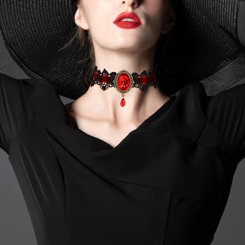 AILUOR Punk Rock Wedding Party Handmade Black Lace Choker, Gothic Retro Lolita Beads Chain Vampire Pendant Necklace for Women Halloween - color: Red