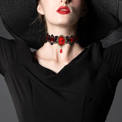 AILUOR Punk Rock Wedding Party Handmade Black Lace Choker, Gothic Retro Lolita Beads Chain Vampire Pendant Necklace for Women Halloween - color: Red