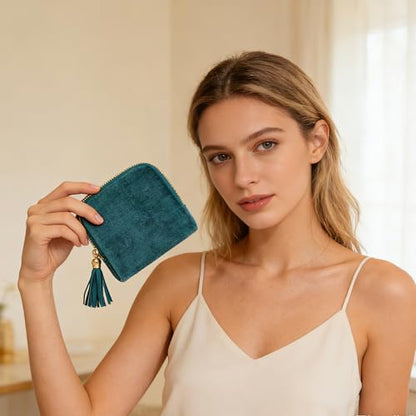 Women's Coin Purses Velvet Mini Travel Jewelry Case Bag with Tassel - color: A-Malachite Green