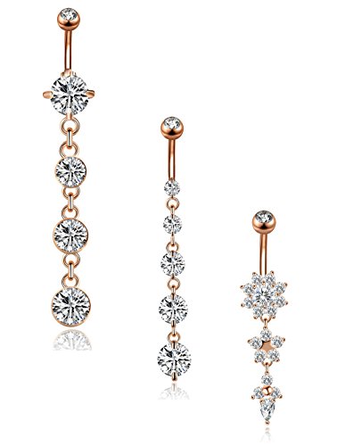 3-6PCS 14G 316L Stainless Steel Belly Button Rings for Women Navel Rings Barbell Dangle Flower CZ Body Piercing - color: B: 3 Pcs Rose-tone
