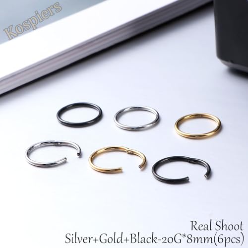 Nose Rings 20G 18G 16G 316L Surgical Steel Hinged Clicker Segment Nose Hoop Helix Cartilage Daith Tragus Sleeper Earrings Body Lip Piercing Jewelry for Women Men 6mm 7mm 8mm 10mm 12mm - style: 17:Silver+Gold+Black-20G*8mm(6pcs)