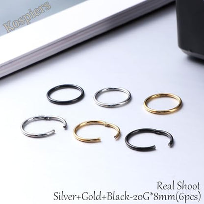 Nose Rings 20G 18G 16G 316L Surgical Steel Hinged Clicker Segment Nose Hoop Helix Cartilage Daith Tragus Sleeper Earrings Body Lip Piercing Jewelry for Women Men 6mm 7mm 8mm 10mm 12mm - style: 17:Silver+Gold+Black-20G*8mm(6pcs)
