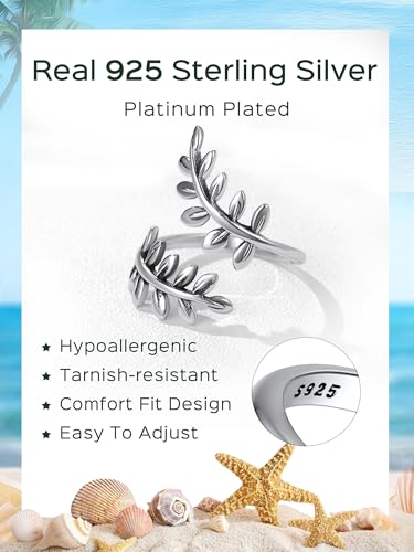 ChicSilver Toe Rings for Women 925 Sterling Silver Adjustable Toe Ring | 925 sterling silver, hypoallergenic for sensitive skin, adjustable open band, summer beach wear gift - color: F: Leaf (1 pc)