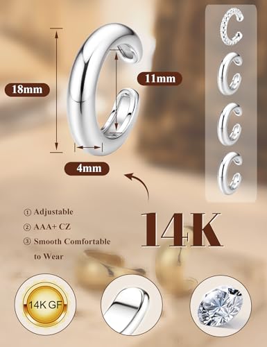 4Pairs 14K Gold Plated Ear Cuff Earrings for Women Non Piercing Jewelry | Hypoallergenic Earring Cuff for Sensitive Ears 14K Gold Silver Plated Non Tarnish Clip On Cartilage Fake Earring Set Trendy - color: Mid Silver Tone-Chunky