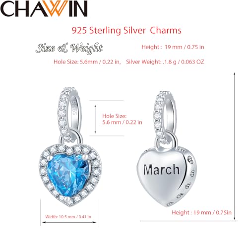CHAWIN Birthstone Charms, 925 Sterling Silver Heart Dangle Charm, Sparkling CZ Compatible with Pandora Charm Bracelet, Necklace, Birthday Gifts for Women/Wife/Mother - style: 03# March