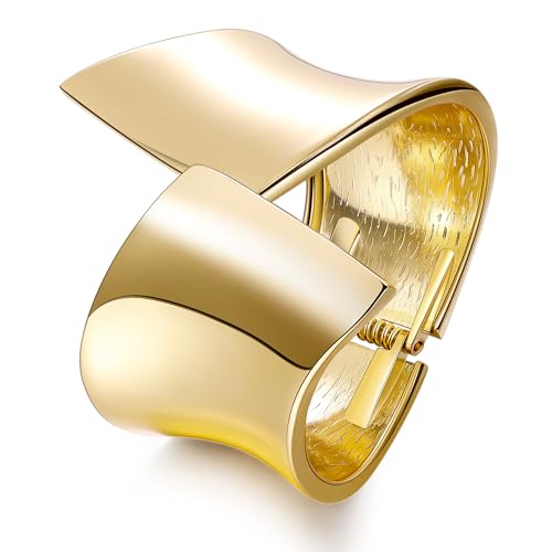 18K Gold Plated Wide Chunky Gold Cuff Bracelets for Women Chunky Bangle Bracelets Waterdrop Oval Irregular Trendy Wrist Wrap Bracelets Open Minimalist Thick Gold Wrist Cuff Bracelets - style: 18K Gold-E
