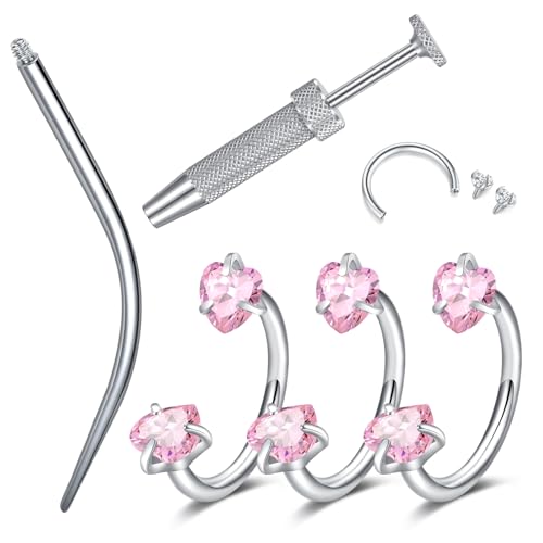 18G 20G Horseshoe Nose Rings Studs with Taper and Grabber | Surgical Steel Nose Ring Pink Cubic Zirconia Nose Piercing,Internally Threaded Nose Rings For Women,Colorful Zirconia - color: Silver-3Pcs Heart
