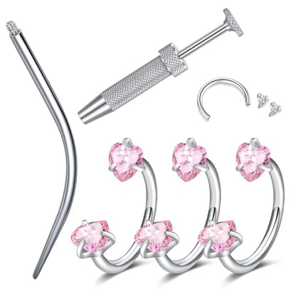 18G 20G Horseshoe Nose Rings Studs with Taper and Grabber | Surgical Steel Nose Ring Pink Cubic Zirconia Nose Piercing,Internally Threaded Nose Rings For Women,Colorful Zirconia - color: Silver-3Pcs Heart
