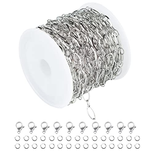 UMAOKANG 16.4 Feet Stainless Steel Chain for Jewelry Making Silver Oval Loop Link Chain on Spool with 30 Jump Rings 10 Lobster Clasps Necklace DIY Supplies - color: Steel