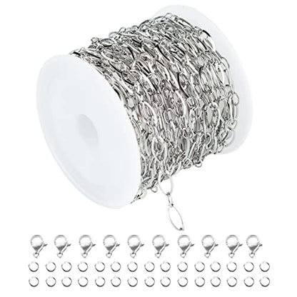 UMAOKANG 16.4 Feet Stainless Steel Chain for Jewelry Making Silver Oval Loop Link Chain on Spool with 30 Jump Rings 10 Lobster Clasps Necklace DIY Supplies - color: Steel