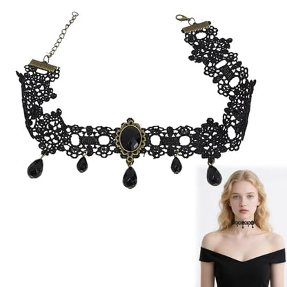 Gothic Choker Necklace, Black Lace Choker with Crystal Pendant for Women, Witch Style Adjustable Collar Gothic Halloween and Vampire Themed Vintage Thick Neck Jewelry Accessories