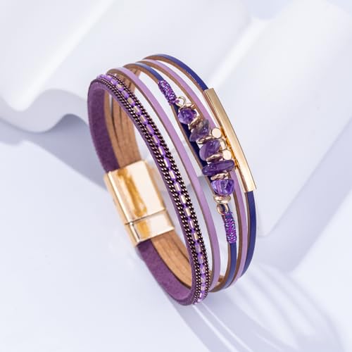 Boho Gemstone Beaded Leather Wrap Bracelets Stackable Chunky Cuff Bracelet Western Jewelry Cowboy Chic Country Concert Outfits for Women - color: Purple