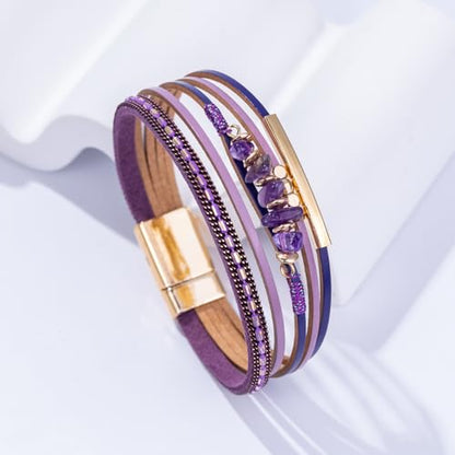 Boho Gemstone Beaded Leather Wrap Bracelets Stackable Chunky Cuff Bracelet Western Jewelry Cowboy Chic Country Concert Outfits for Women - color: Purple