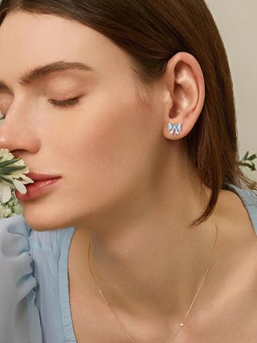 ChicSilver 925 Sterling Silver Bow/Butterfly Earrings for Women Hypoallergenic Birthstone Earrings Dainty Bow/Butterfly Jewelry Gift for Women - color: Bow-March-Aquamarine