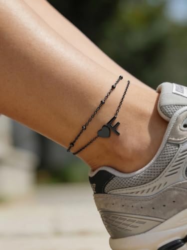 Silvora Ankle Bracelets for Women Waterproof 14K Gold/Silver/Black Initial Anklet for Women Dainty Layered Heart Ankle Bracelets Stainless Steel Adjustable Foot Chain Anklet Summer Beach Jewelry - color: P-Black