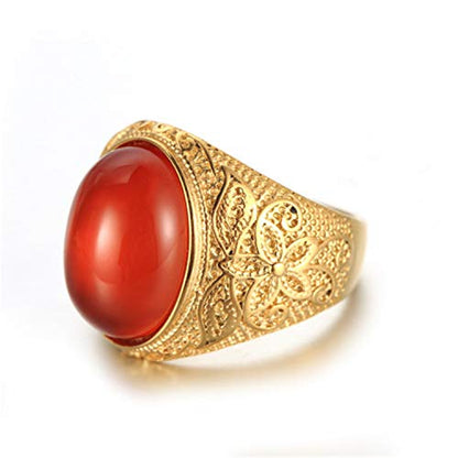 Retro Unisex Stainless Steel Oval Gemstone Hollow Flower Carved Signet Ring - color: Gold-Red
