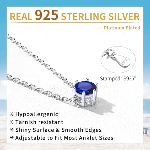 ChicSilver 925 Sterling Silver Anklets for Women, Simple Dainty Round/Heart Birthstone Ankle Bracelet Beach Foot Jewelry, 8.7-10.7 Inch Adjustable - color: 09. Round - September(Sapphire)