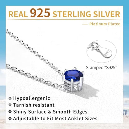ChicSilver 925 Sterling Silver Anklets for Women, Simple Dainty Round/Heart Birthstone Ankle Bracelet Beach Foot Jewelry, 8.7-10.7 Inch Adjustable - color: 09. Round - September(Sapphire)
