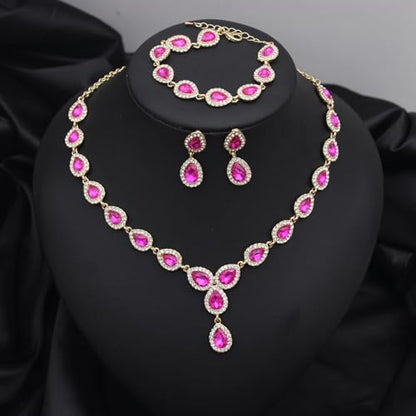 Austrian Crystal Rhinestone Necklace Dangle Earrings Link Bracelet Jewelry Set for Brides Bridesmaid Prom Costume Accessories for Women - color: Rose Red-Gold Plated