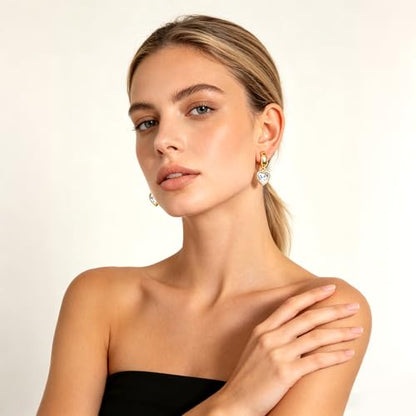 Gold Huggie Earrings for Women Chunky Hoop with Heart Crystal Dangle 14K Gold Plated Statement Drop Earrings Trendy Jewelry for Her