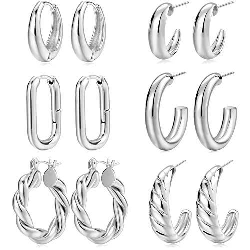 Gold Hoop Earrings Set for Women, 6 Pairs 14K Gold Plated Lightweight Hypoallergenic Chunky Open Twisted Hoops Earrings Pack Jewelry - color: Silver Classic