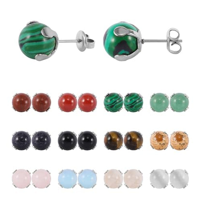 12 Pairs Multi Natural Gemstone Round Bead Ball Stud Earrings Stainless Steel Opal Tiger Eye Rose Quartz Onyx Stone Stud Earrings Set for Women - color: Silver 6mm