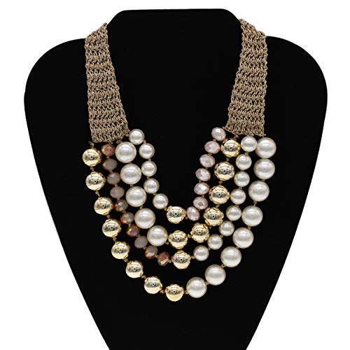 utop JNF Hand made Pearl Statement Necklace for Women Rhinestone Multilayer Crystal Necklaces Chunky Pearl Necklace Large Pearl Necklace and Earrings Set for Mother Mom's gift - color: color pearl necklace
