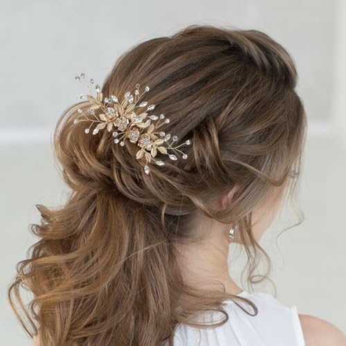 Bridal Hair Accessories Bright Gold Handmade Rhinestone Wedding Hair Duckbilled Clip for Brides, Wedding Head Pieces for Women and Bridesmaids Flower Girls - color: Bright KC Gold