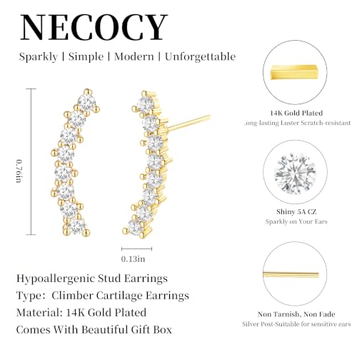 Ear Climber Earrings for Women, 14K Gold Plated/Silver Plated | Crawler Earrings Pierced with Cubic Zirconia, Hypoallergenic Cluster Stud Tragus Conch Daith Cartilage Jewelry Gift for Daily - color: Gold-5