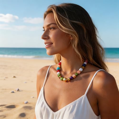 Colorful Statement Chunky Beaded Necklace for Women Large Square Resin Beads Y2K Trendy Bold Summer Vacation Boho Choker Jewelry - color: Colorful