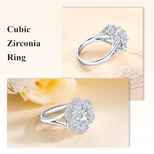 Flower Cocktail Ring for Women Stone Engagement Anniversary Rings | Sterling Silve|Hypoallergenic|Ruby|Sapphire|Emerald|Wedding and Birthday Party Women Statement Ring|Mother and Grandma Gift - color: CZ (April)