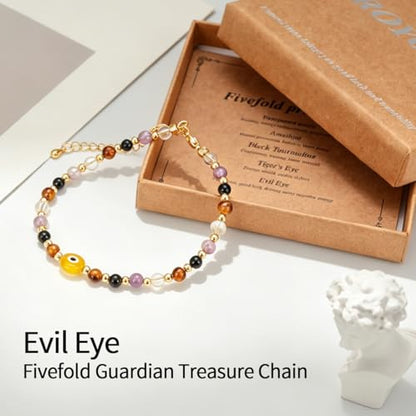 ROYONE Evil Eye Bracelets - 5 Healing Crystals Gift Set，Adjustable Natural Stone Jewelry for Anxiety Relief & Good Luck - color: green