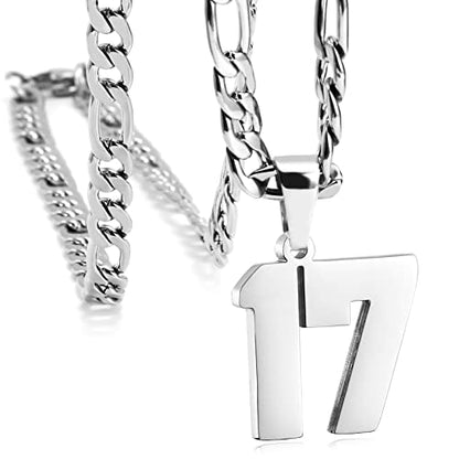 Personalized Number Necklaces for Mens,Stainless Steel Number Pendant Chain | Athletes Jersey Number Necklace;Baseball Basketball Football Sport Teams;Birthday Graduate Gift;Womens Mens Player - color: Silver, style: 17 Silver