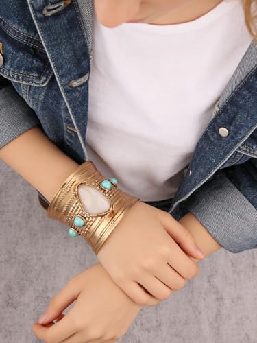 Gold Cuff Bracelet for Women Chunky Bracelet Statement Bracelet | Chunky Bangle Bracelets for Women Silver Beaded Open Bangle Stackable Stretch Bead Bracelet Boho Jewelry Gift for Wife Couple - style: Cuff Bracelets Trendy