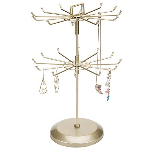 MyGift Brass Metal Rotating Jewelry Stand with 24 Hooks, 2 Tier | Stores Necklaces, Bracelets, Earrings, Keychains & Accessories with Smooth 360° Rotating Display Design - color: Brass (2 Tier)