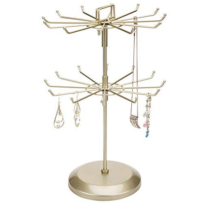 MyGift Brass Metal Rotating Jewelry Stand with 24 Hooks, 2 Tier | Stores Necklaces, Bracelets, Earrings, Keychains & Accessories with Smooth 360° Rotating Display Design - color: Brass (2 Tier)