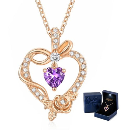 Heart Birthstone Necklace, LED Gift Box | Heart birthstone necklace with rose CZ pendant and LED gift box, ready-to-gift birthday gift for mom, wife, grandma, sister - color: Rose Gold 02-Feb Purple