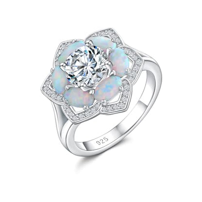 Flower Engagement Promise Ring Sterling Silver Birthstone Rings for Women Sapphire/Emerald/Ruby Gemstone Six Leaf Clover Statement Cocktail Ring Size 6 to 10 - style: 10. October-Created Opal