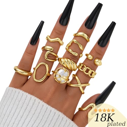 FAXHION 12PCS Gold Stackable Rings Set for Women, 18K Gold Plated Open Stacking Knuckle Ring, Adjustable Chunky Signet Band Statement Ring for Gift - color: 2-ringsGold
